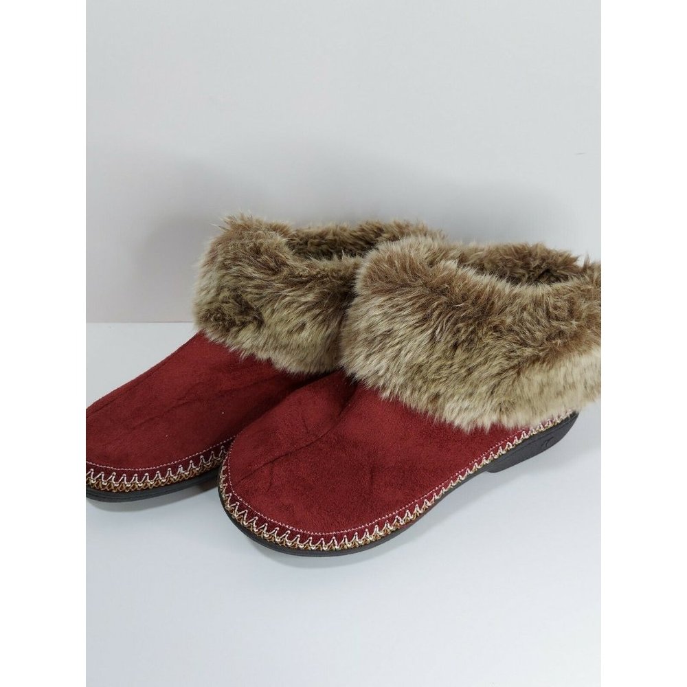 Isotoner Slipper Boots Size 8.5-9 UK 7 Faux Fur & Burgundy Red Suede Memory Foam